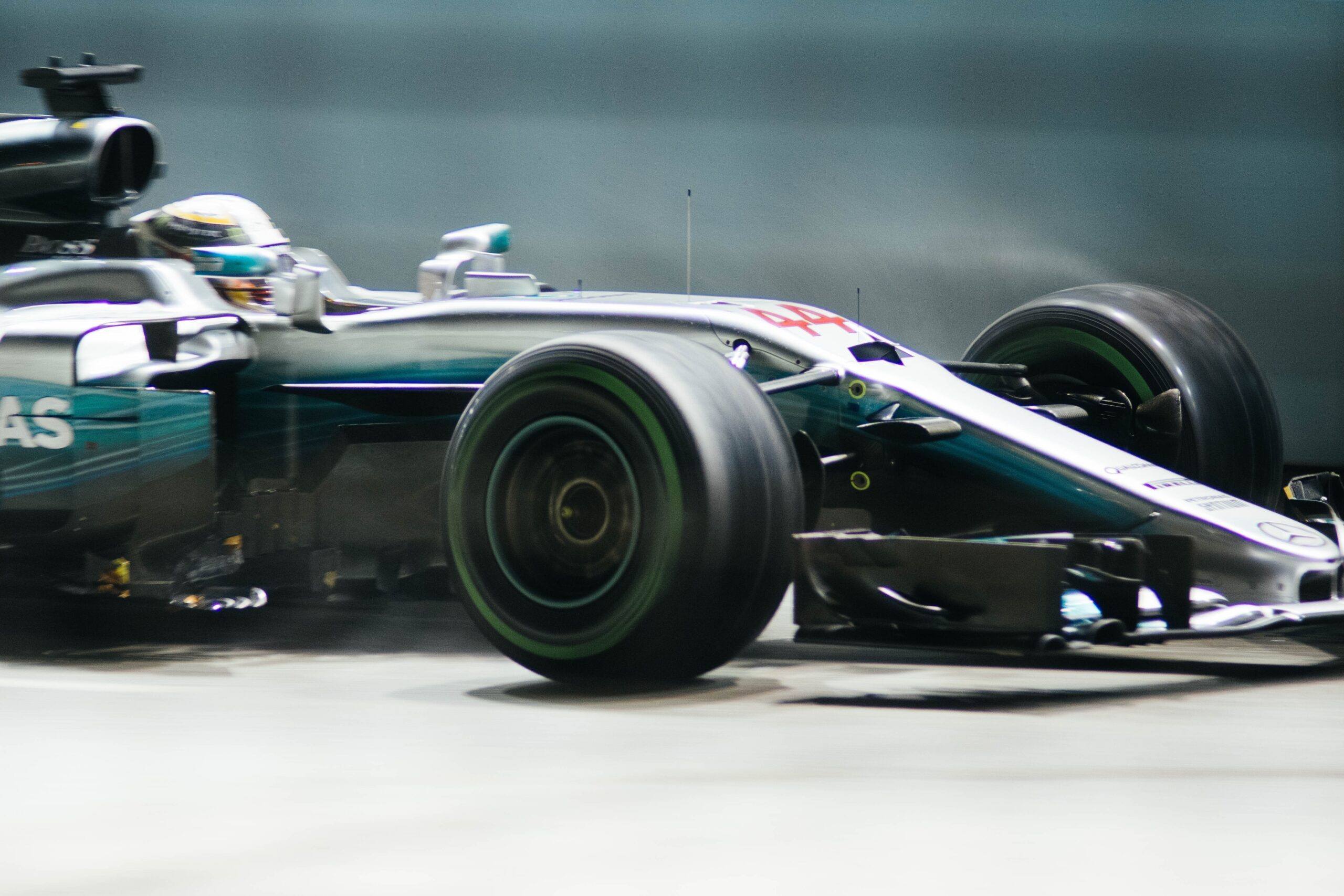 a close up view of an F1 car during a race